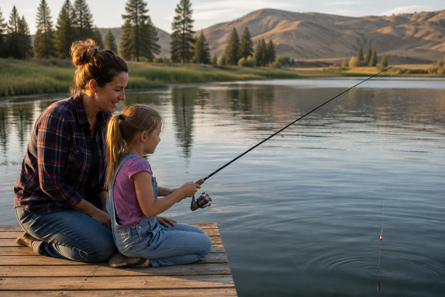 Woman helping a young girl fish from a dock on a calm Idaho lake.