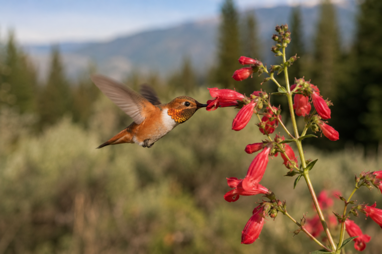 Rufous hummingbird feeding from red penstemon during migration through Idaho.