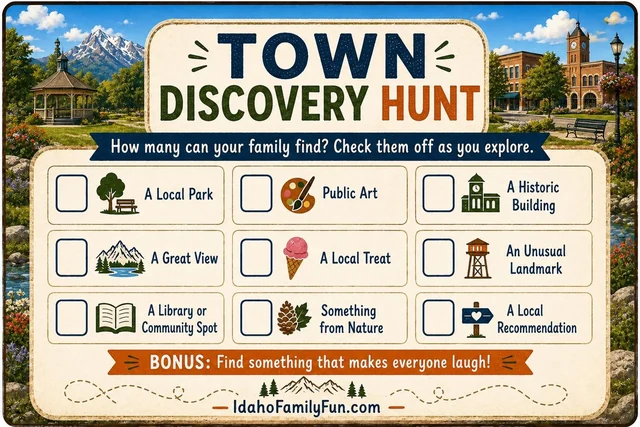 Town Discovery Hunt checklist with places and discoveries for families to find