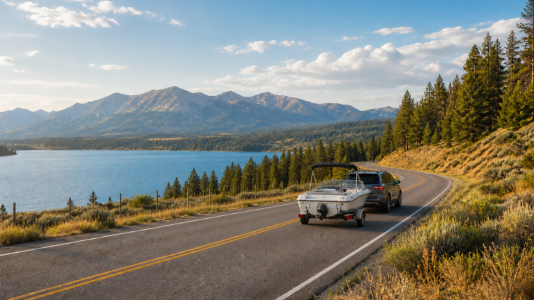 Family SUV towing a boat safely along an Idaho highway beside a mountain lake.